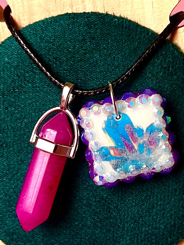 Pink & Blue Crystal Cluster Necklace | Bedazzled Gem Charm Pendant